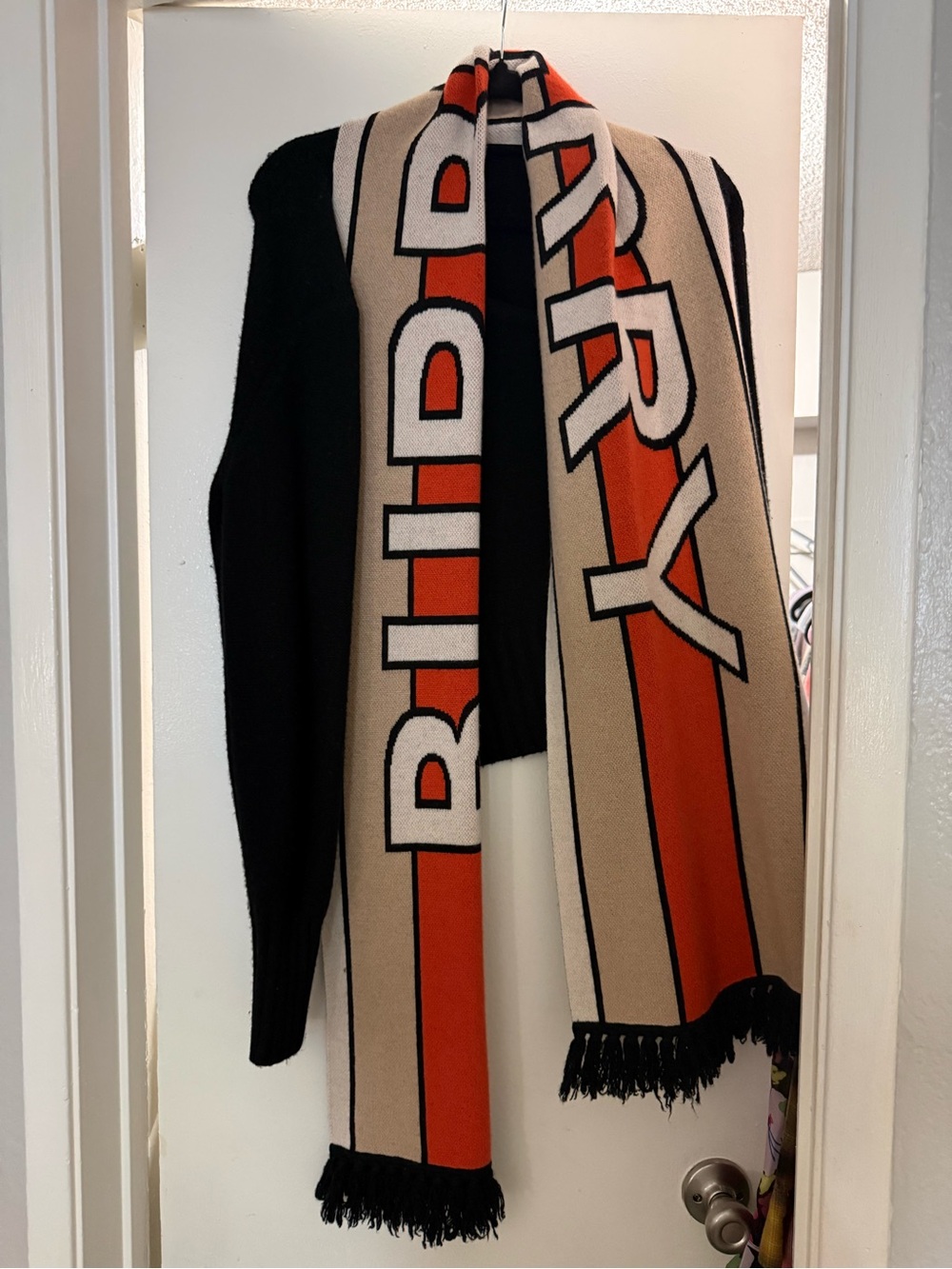 Burberry Beige, Orange & Black Logo Knit Scarf for Men